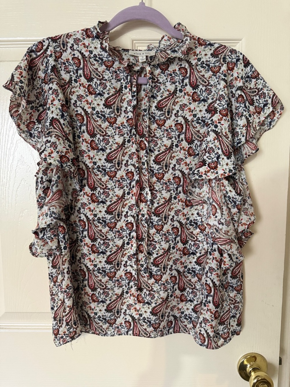 Alex & Lili Paisley Ruffle Sleeve Blouse - White with Red Paisley